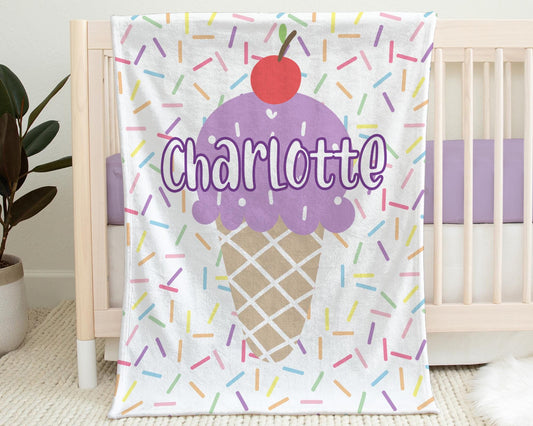 Personalized Ice Cream Baby Blanket Girl Purple Summer Ice Cream Cone Swaddle