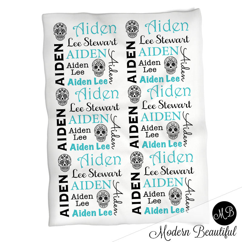 Personalized Sugar Skull Baby Name Blanket Boy Blue