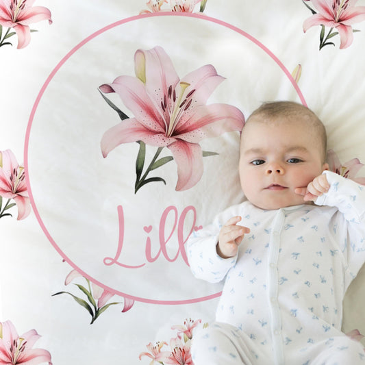 Personalized Lily Baby Name Blanket Girl Pink Flowers Swaddle Blanket