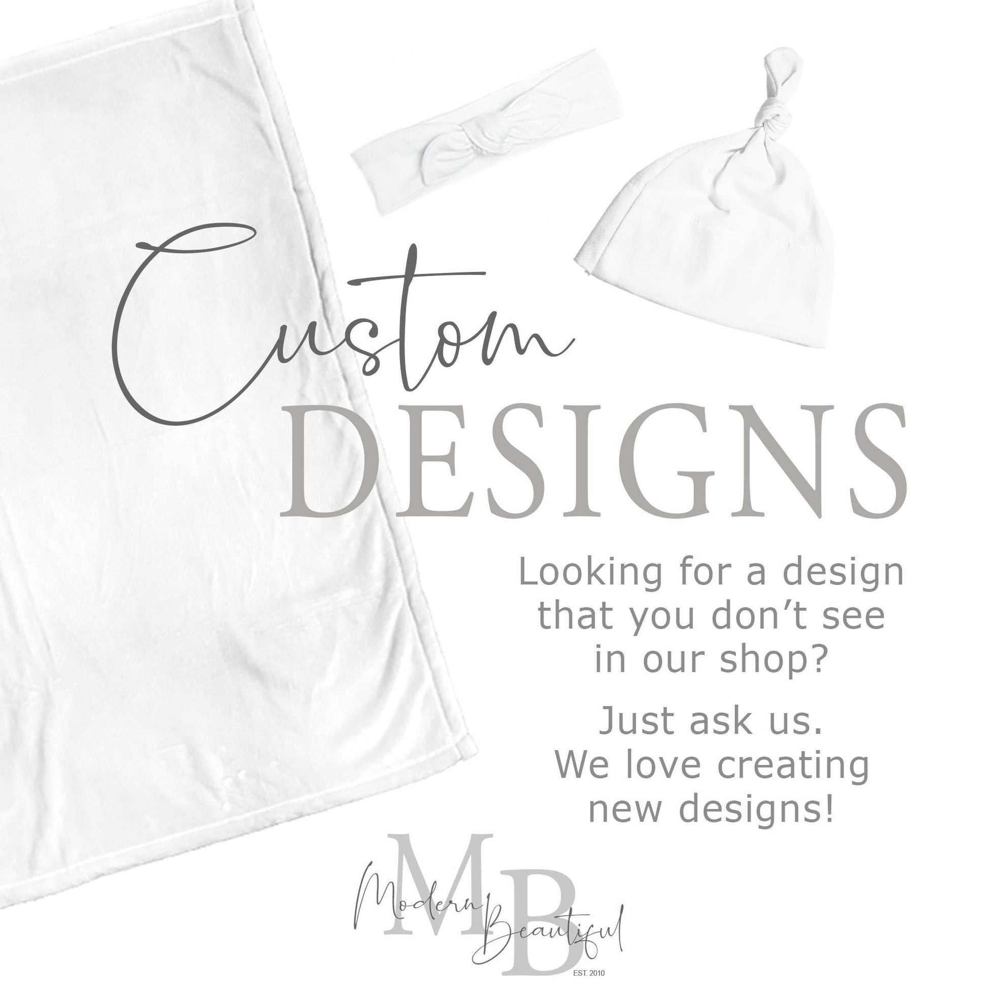 a white towel and a white hat with the words custom designs looking for a design