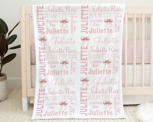 Personalized Pink Bows Baby Girl Blanket