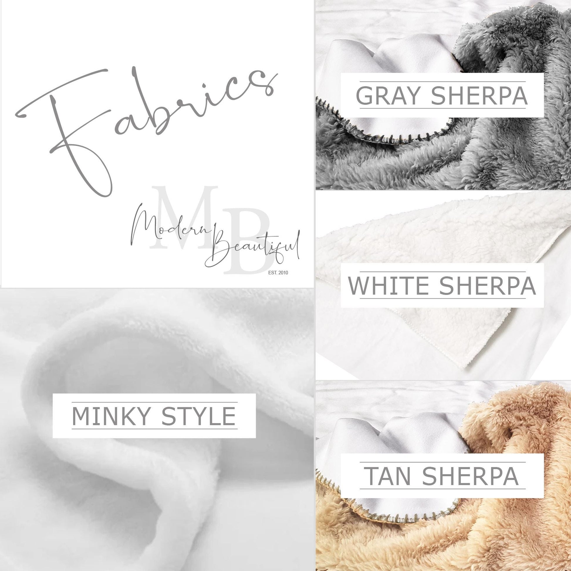 Images of Fabric Options for Blanket - Minky style, or sherpa in gray, white, or tan