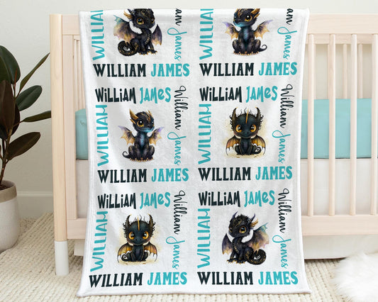 Personalized Dragon Baby Name Blanket in Blue