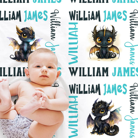 Personalized Dragon Baby Name Blanket in Blue