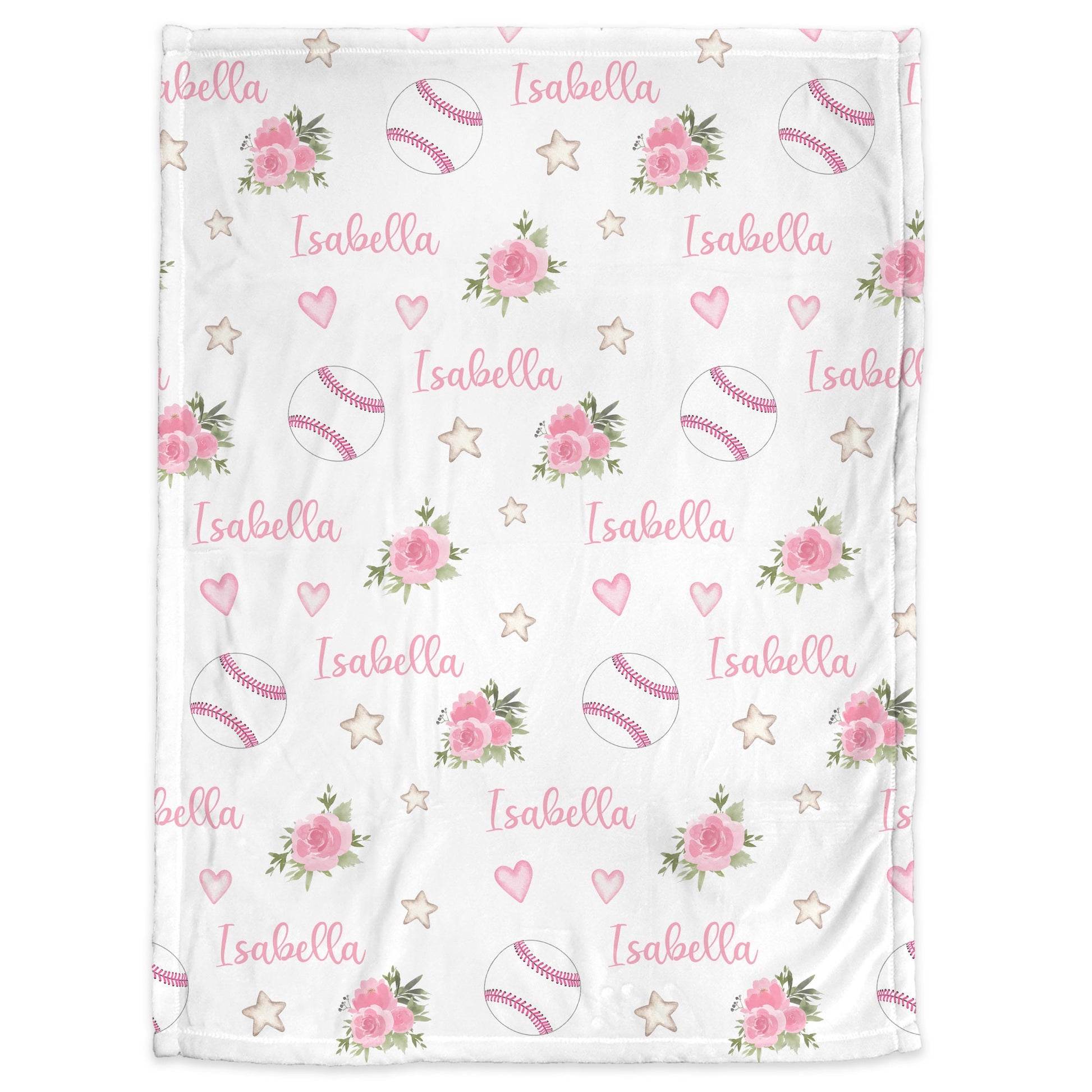 Baby blanket with baseballs with pink stitching and pink flowers and personalized with baby's name in pink pictured on a white background.