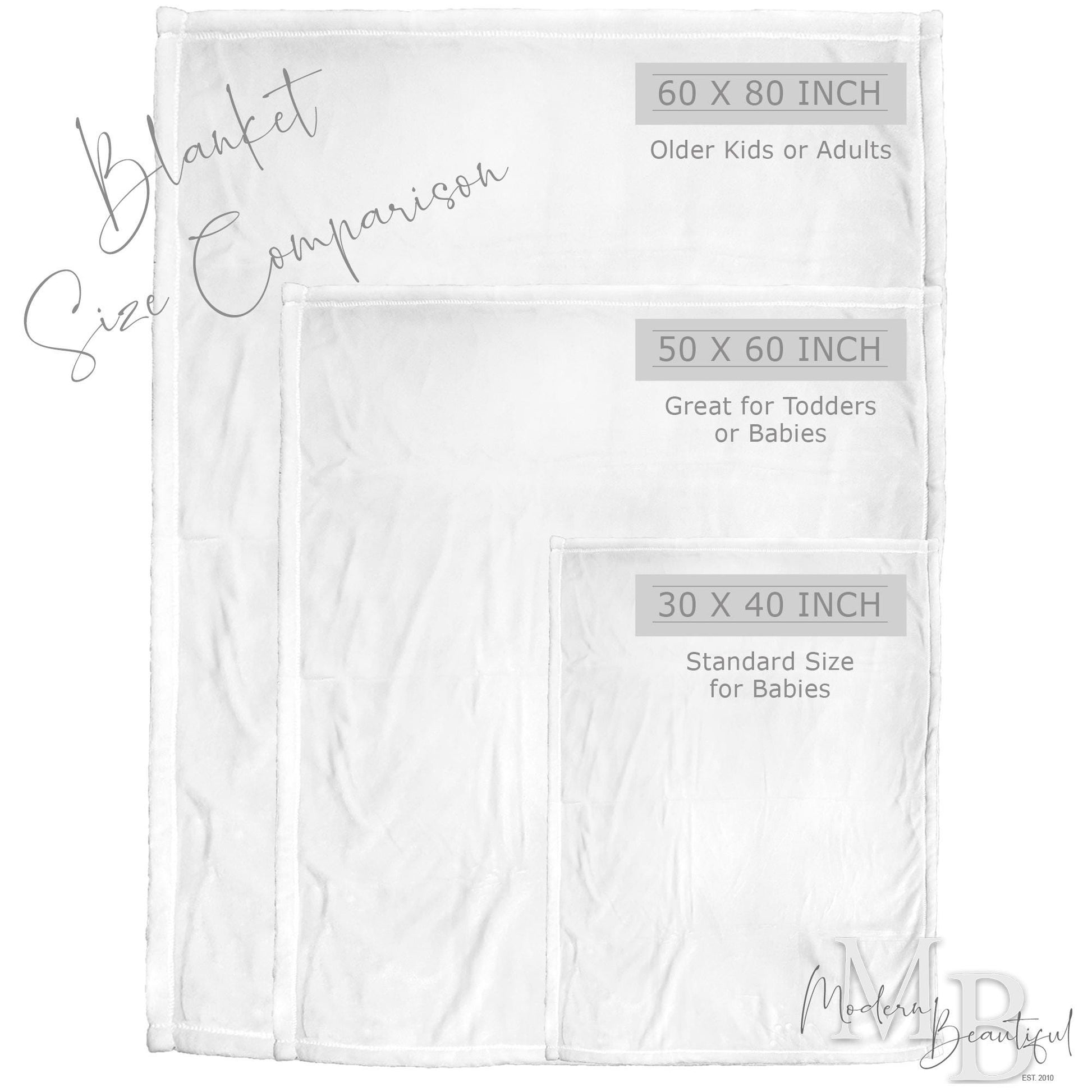 Image showing blankets of 30x40 inches, 50x60 inches, and 60x80 inches arrange on top of one another to show the size differences