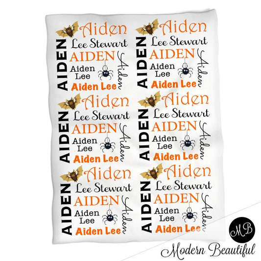 Personalized Halloween Baby Blanket Boy Newborn Name Gift with Bat and Spider