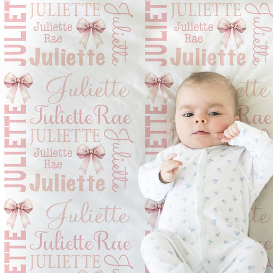 Personalized Pink Bows Baby Girl Blanket