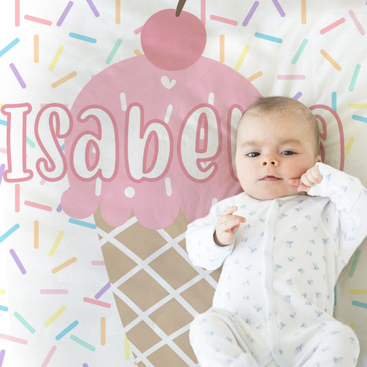 Personalized Ice Cream Baby Blanket Girl Pink Summer Ice Cream Cone Swaddle