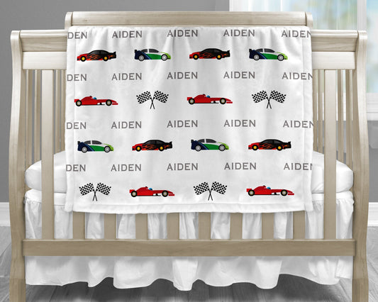 Personalized Race Car Baby Name Blanket Gift