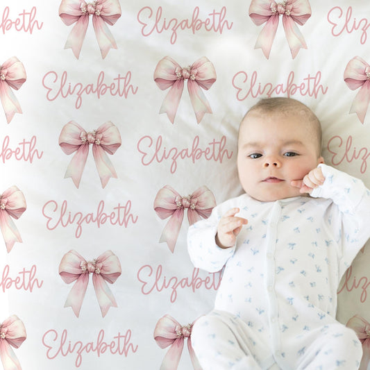 Personalized Pink Bow Baby Name Blanket