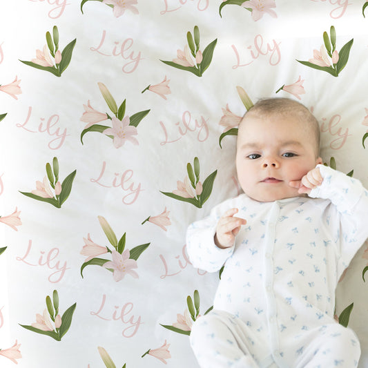 Personalized Lily Baby Name Blanket Girl Pink Flowers Swaddle Blanket