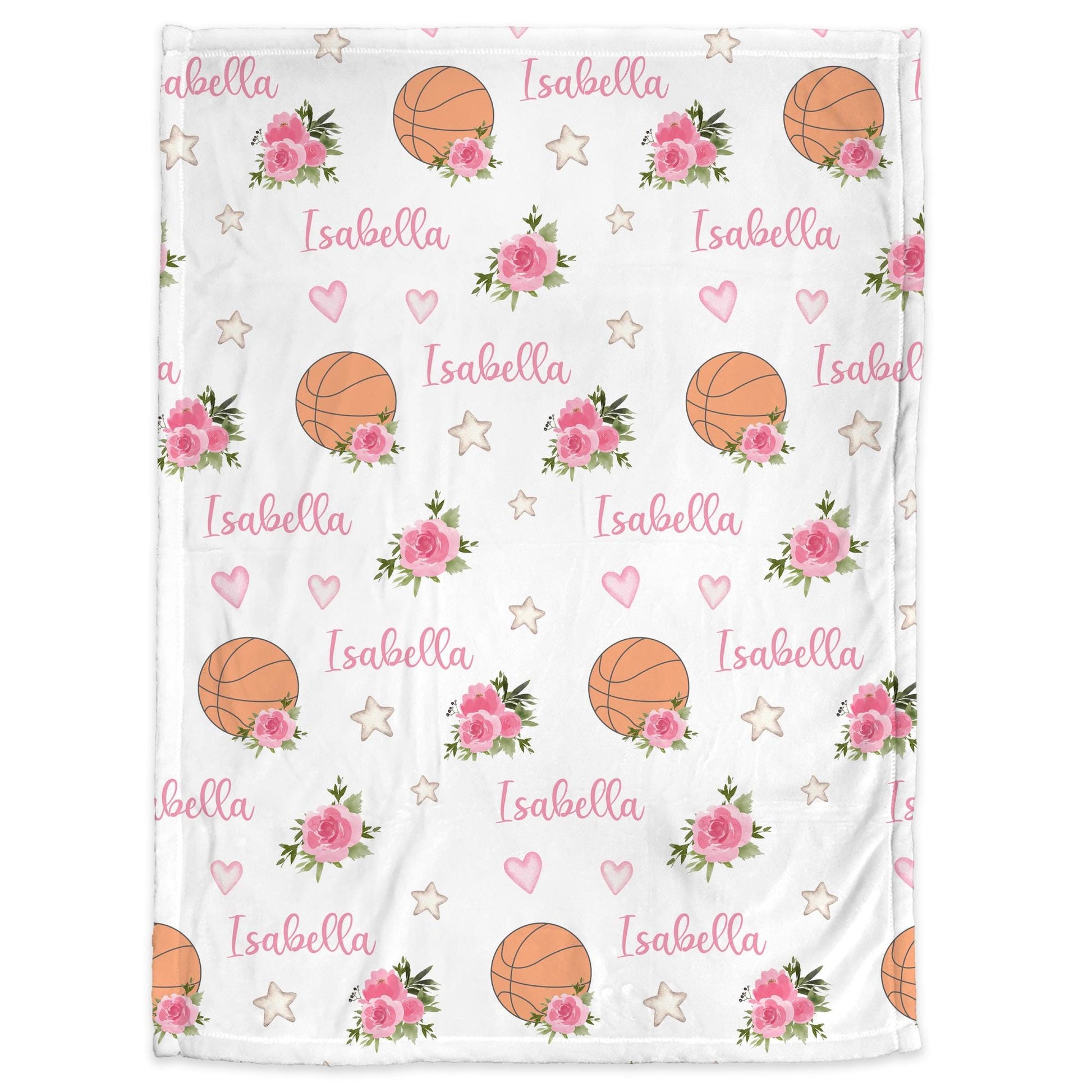 Blanket with basketballs and pink flowers that is personalized with baby's name in pink.