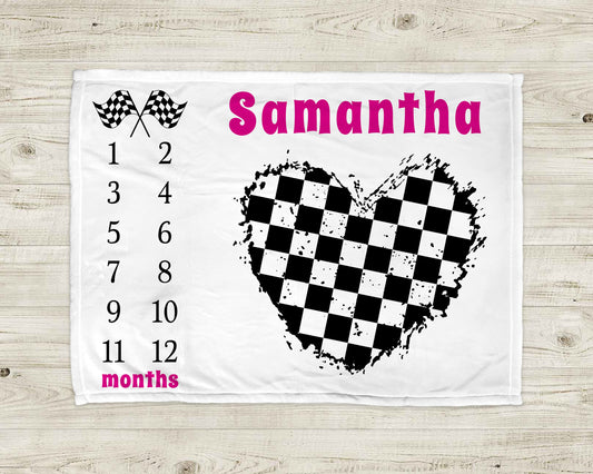 Girl Race Flag Baby Milestone Blanket | Baby Growth Photo Blanket Pink Heart