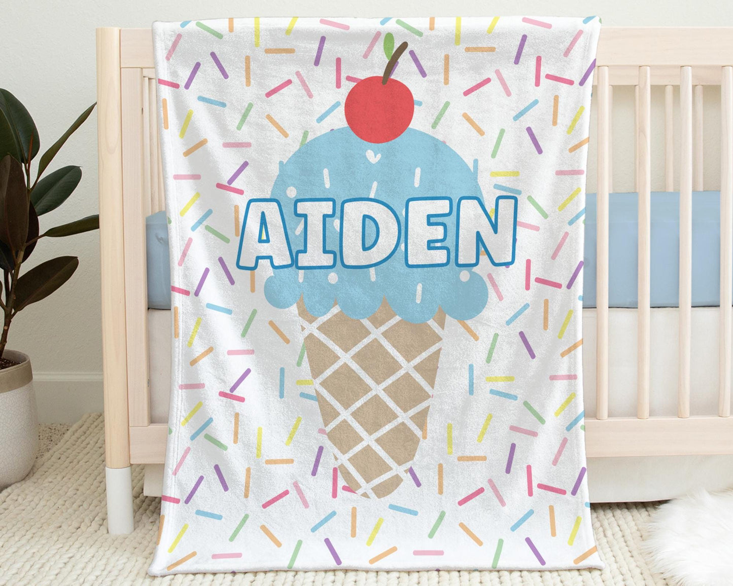 Personalized Baby Blanket – Blue Ice Cream Cone Swaddle for Boys | Summer Soft Baby Blanket