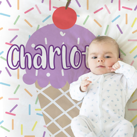 Personalized Ice Cream Baby Blanket Girl Purple Summer Ice Cream Cone Swaddle