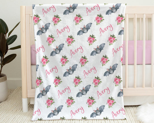 Personalized Bat Baby Name Blanket in Pink Flowers for Baby Girl Halloween