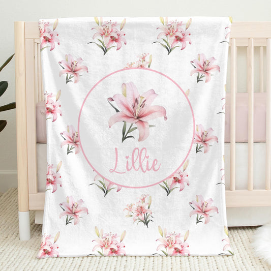 Personalized Lily Baby Name Blanket Girl Pink Flowers Swaddle Blanket