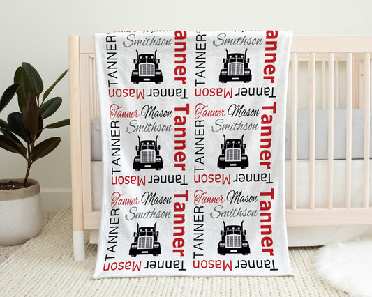 Personalized Trucker name blanket in red, diesel baby gift