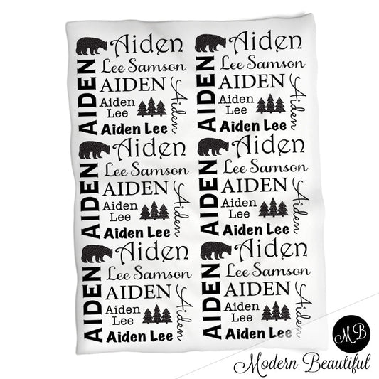 Personalized Forest Baby Name Blanket Black and White Boy