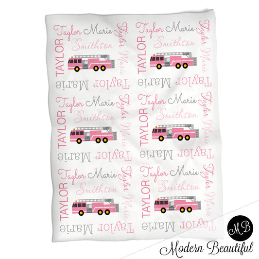 Personalized Pink Fire Truck Blanket
