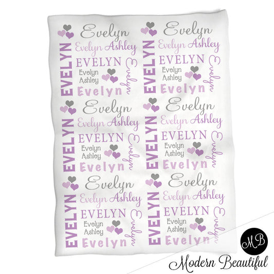 Personalized Hearts Baby Name Blanket Purple