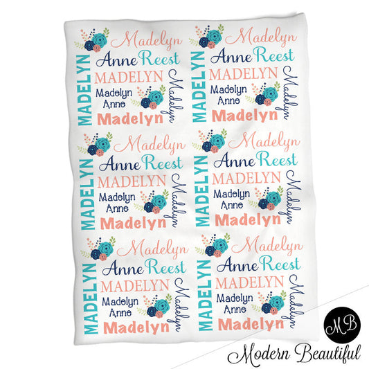Personalized Chic Flower Baby Name Blanket