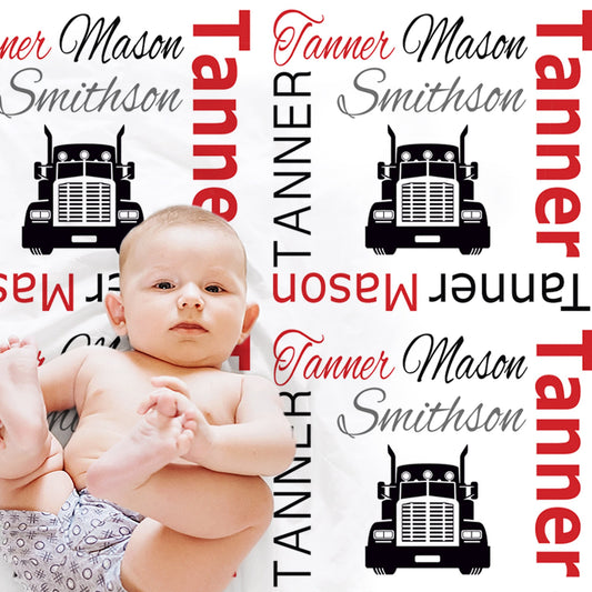 Big Rig Trucker Personalized Baby Name Blanket - Red