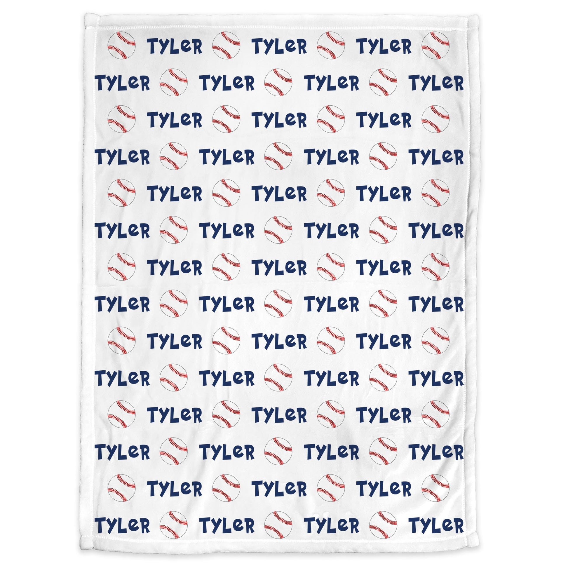 Blanket with baseballs and personalized with baby's name in blue.