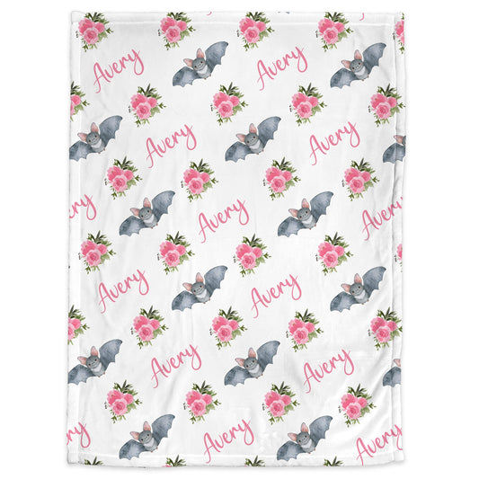Personalized Bat Baby Name Blanket in Pink Flowers for Baby Girl Halloween