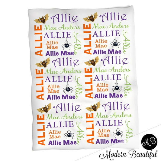 Personalized Halloween Baby Blanket Girl Newborn Name Gift with Bat and Spider
