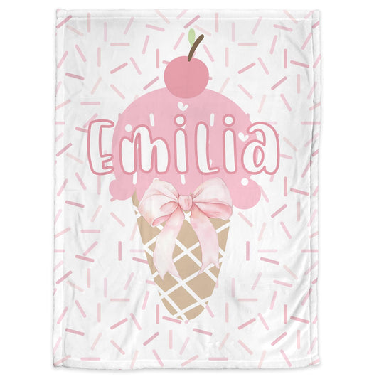 Baby Blanket with Ice Cream Cone Coquette Style Bow with Sprinkles Background in Shades of Pink