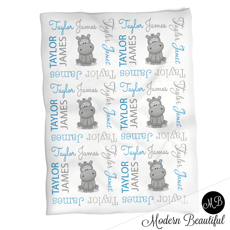 Personalized Hippo Baby Name Blanket Boy Blue