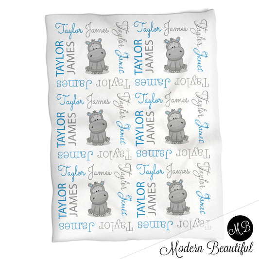 Personalized Hippo Baby Name Blanket Boy Blue