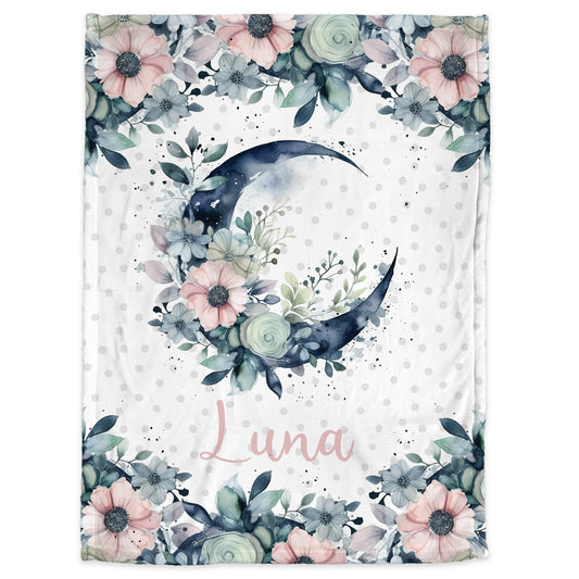 Personalized Moon and Flowers Baby Name Blanket Girl Pink