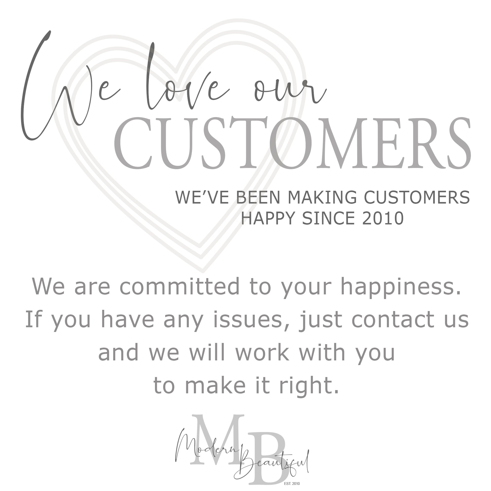 a message that reads "We love our customers" and "We've been making customers happy since 2010". It also states that the company is committed to your happiness and encourages customers to contact them if they have any issues. The company's logo is visible at the bottom of the image.