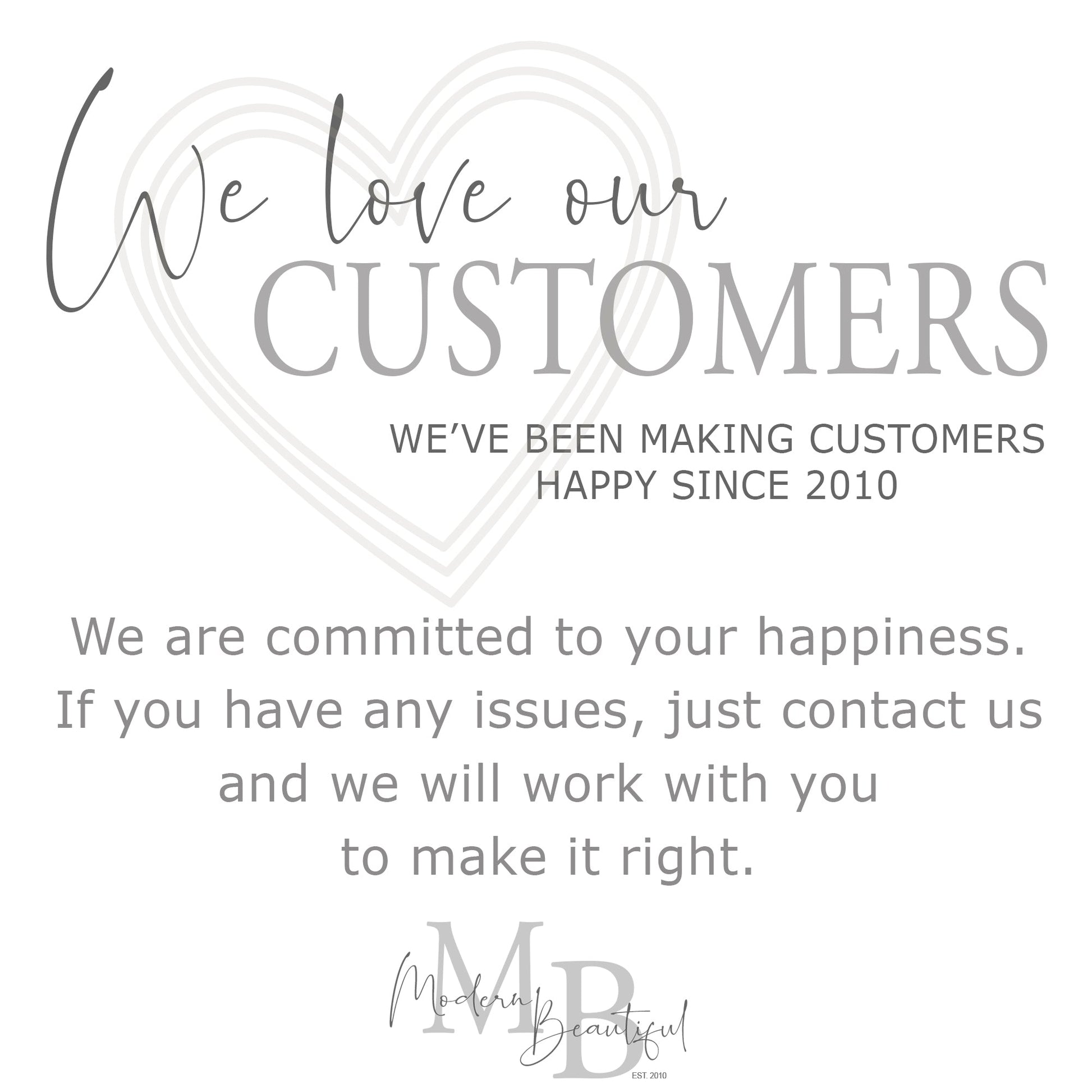 a card saying we love our customers we've been making customers happy since 2010