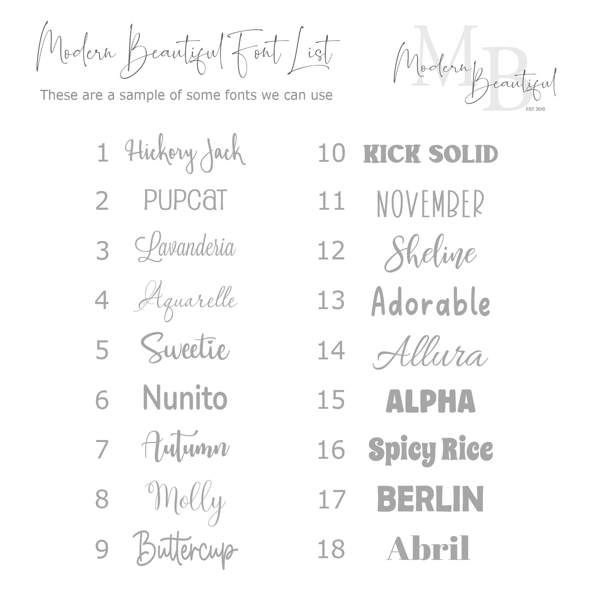 a list of font and numbers for a wedding