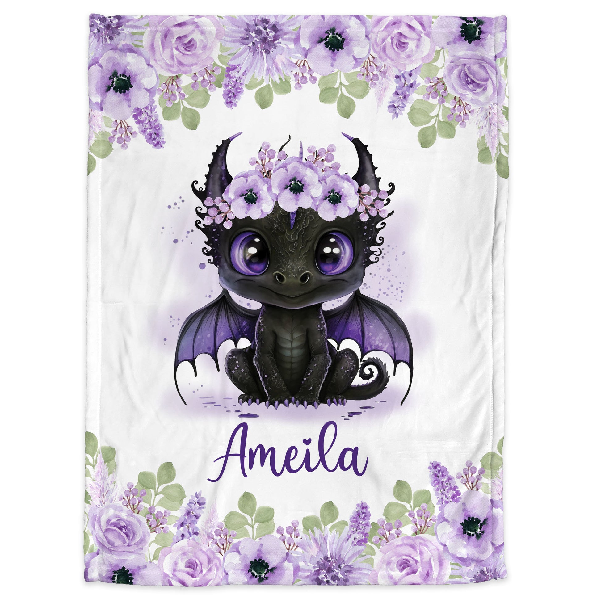 Close up of  personalized baby blanket with cute black dragon with purple flowers.