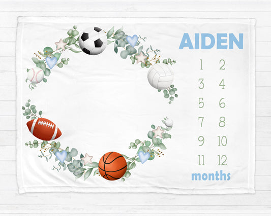 Milestone baby blanket with all star sports theme pictured on a wooden background.