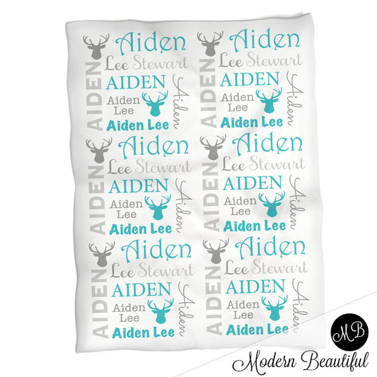 Personalized Deer Antlers Baby Name Blanket Boy Blue and Gray