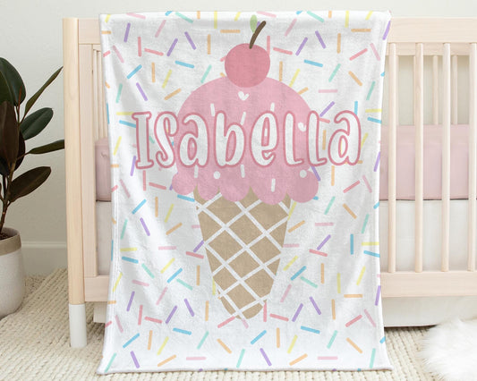 Personalized Ice Cream Baby Blanket Girl Pink Summer Ice Cream Cone Swaddle