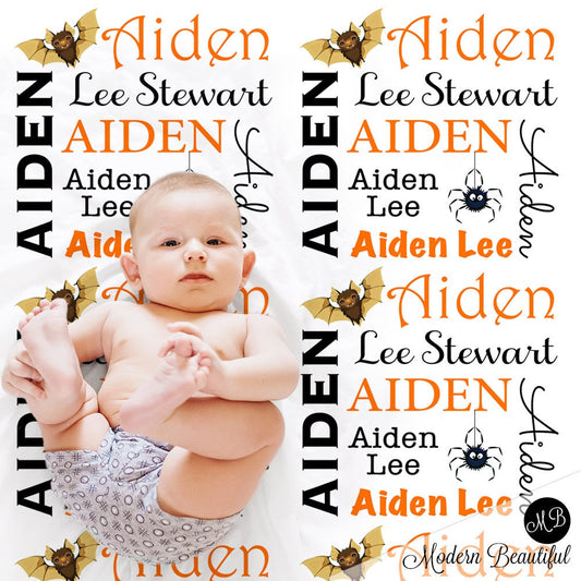 Personalized Halloween Baby Blanket Boy Newborn Name Gift with Bat and Spider