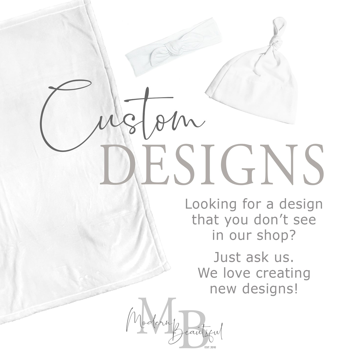 a white towel and a white hat with the words custom designs looking for a design