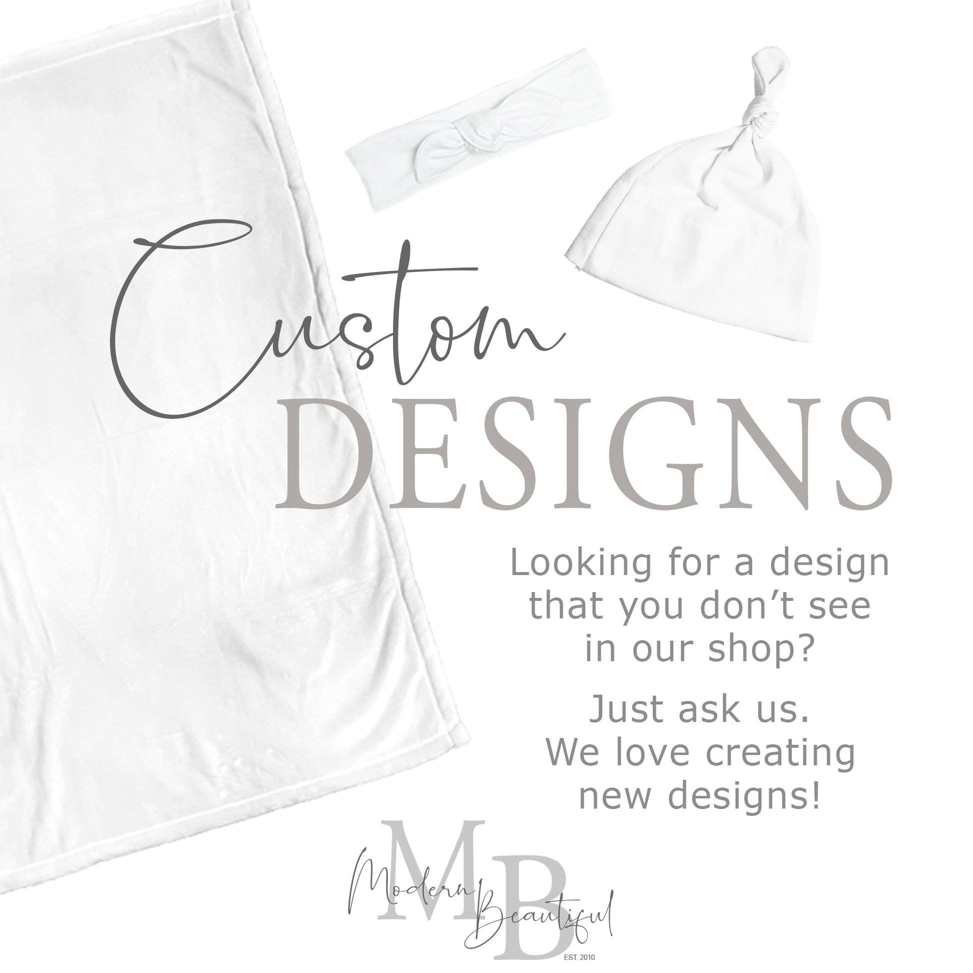 a white towel and a white hat with the words custom designs looking for a design