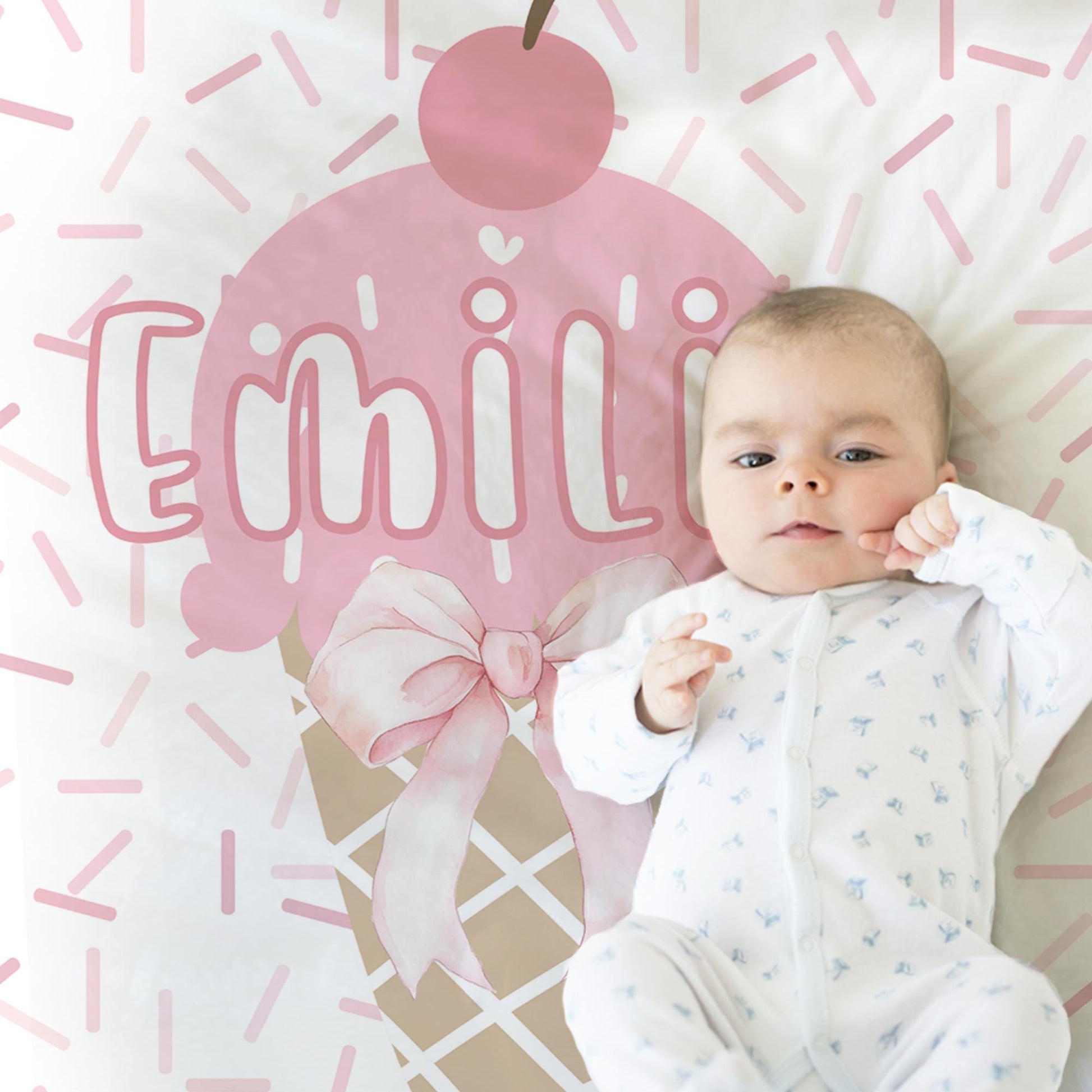 Baby Blanket with ice cream cone and pink bow personalized with baby's name