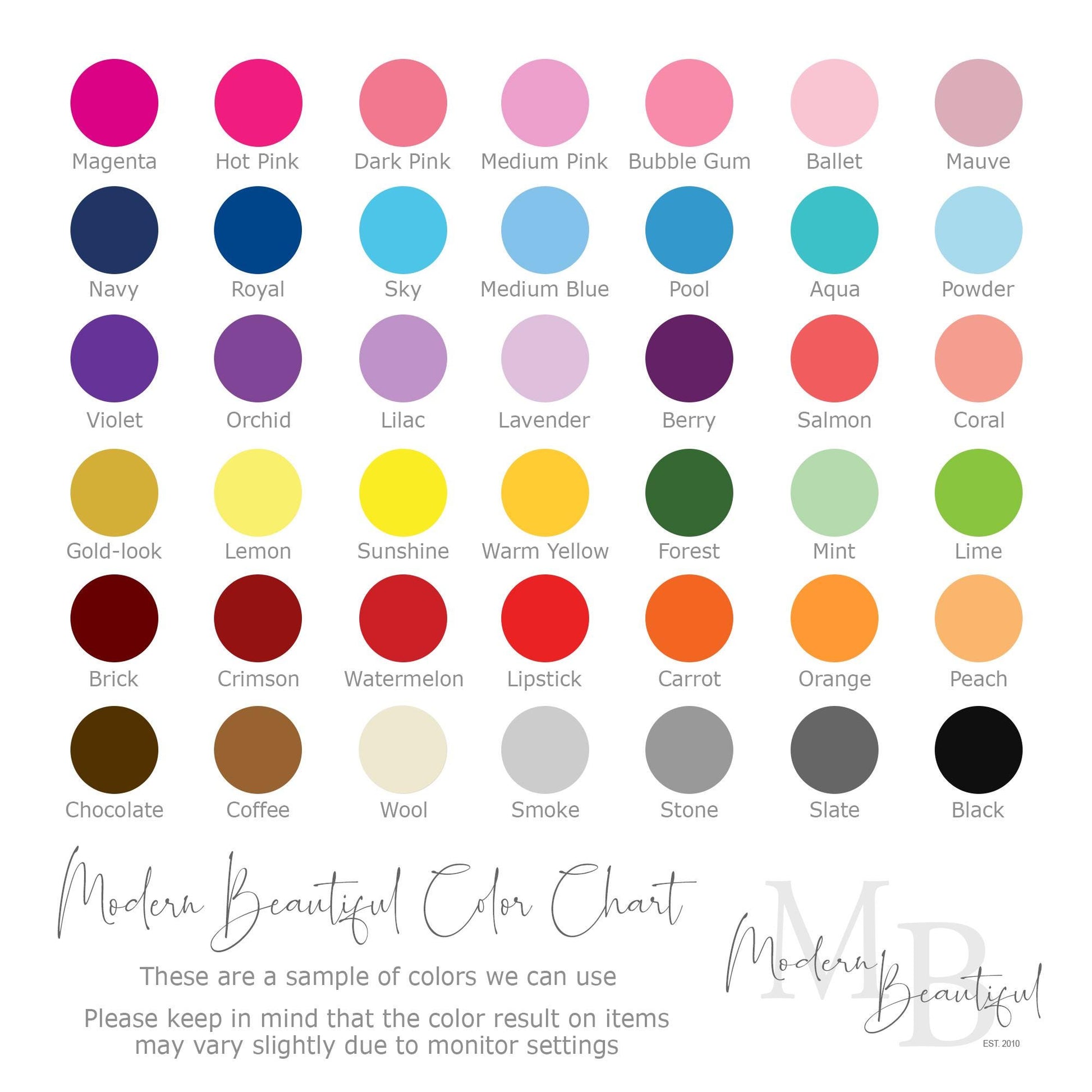 Color chart showing options for blankets