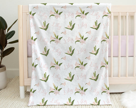 Personalized Lily Baby Name Blanket Girl Pink Flowers Swaddle Blanket