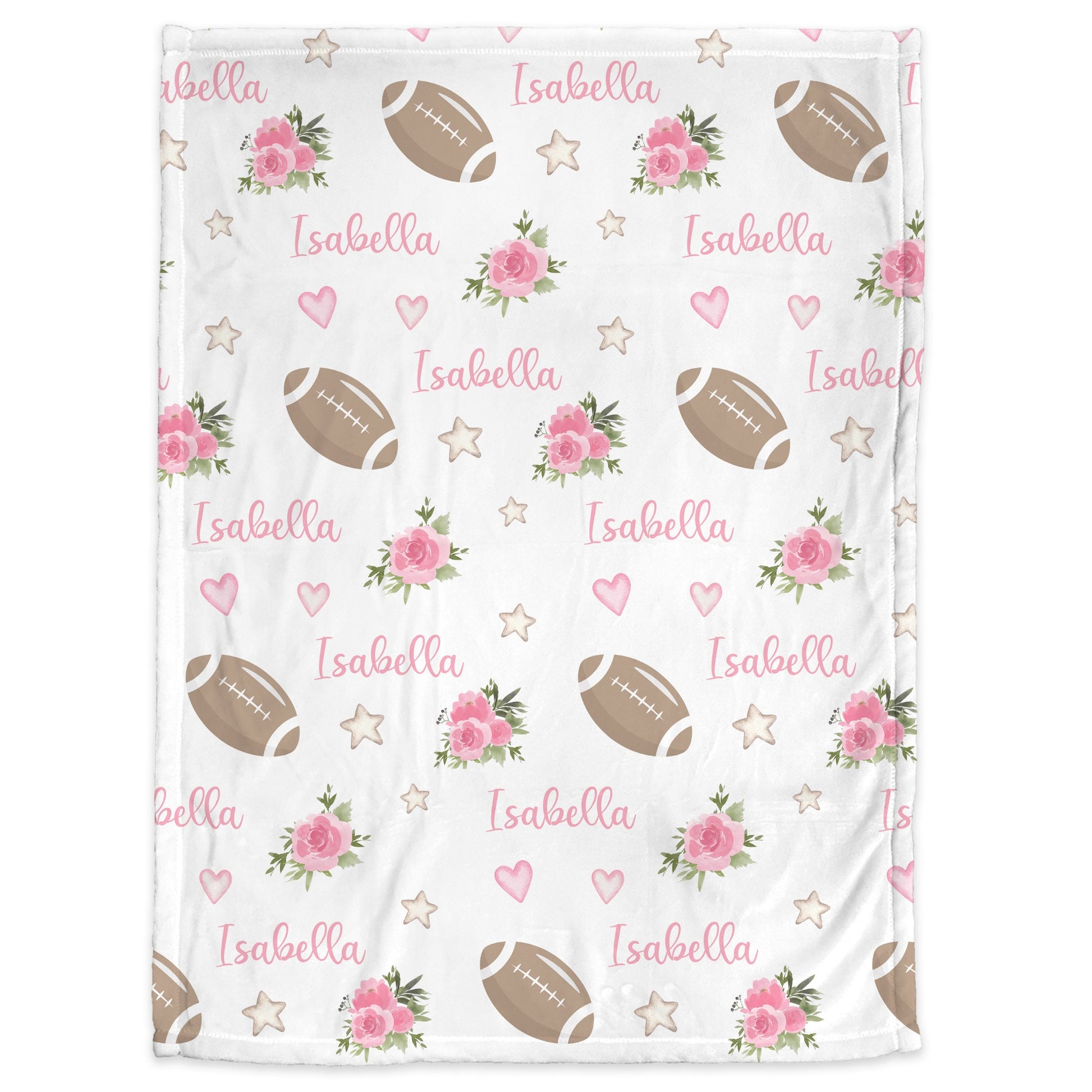 Blanket with footballs and pink flowers and personalized with baby's name in pink pictured on a white background.