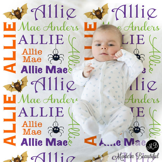 Personalized Halloween Baby Blanket Girl Newborn Name Gift with Bat and Spider